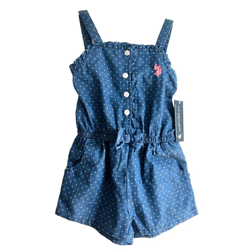 U.S. Polo Assn. Blue Denim Medium Wash Polka Dot Shorts Romper Toddler Size 2T